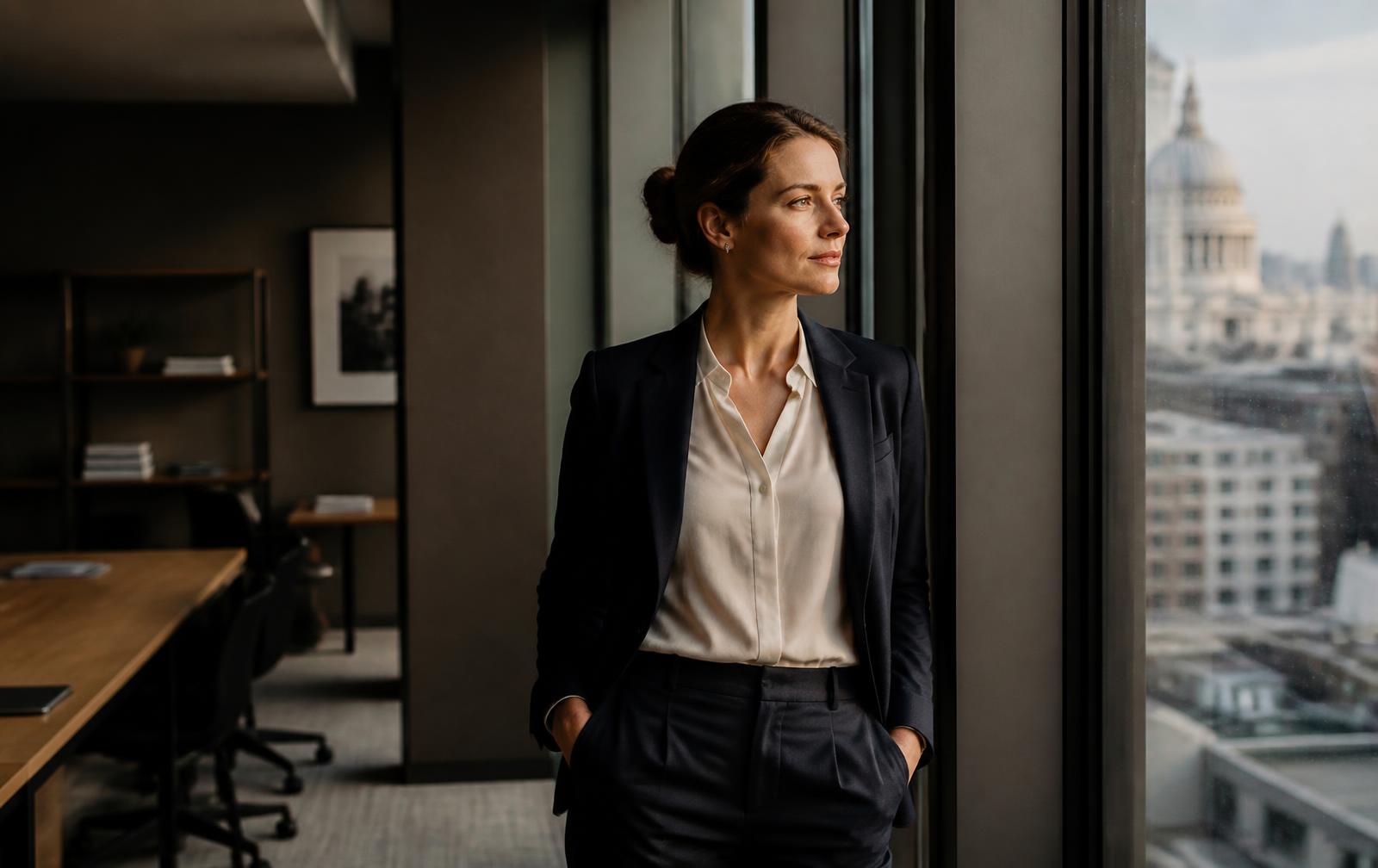 A woman standing at a window in a calm office, looking out across the city in morning light
