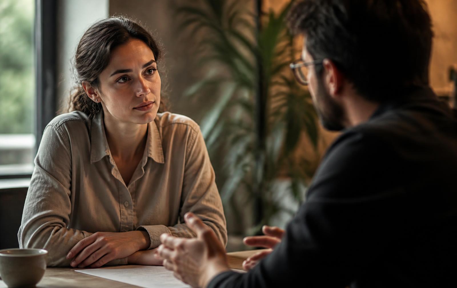 Two colleagues in conversation across a table, one listening closely