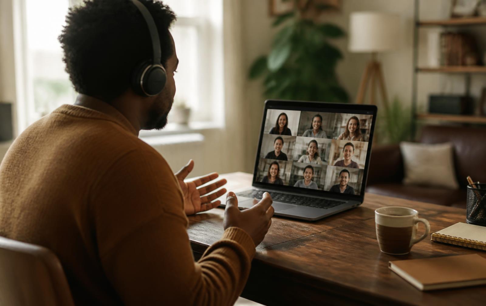 A person on a video call with colleagues from a warm home workspace